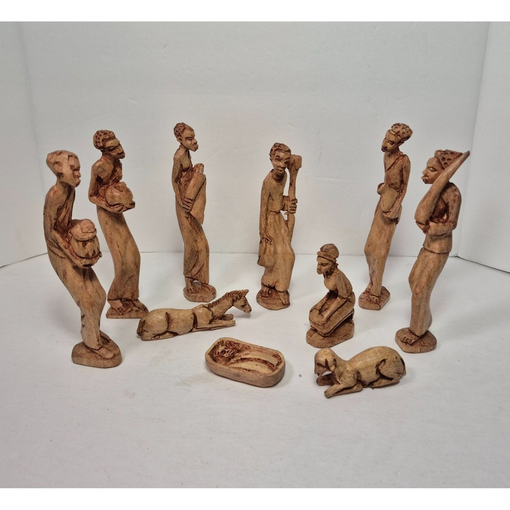 Hand Carved Folk Art Wooden Nativity Set 10 Pieces Lightweight Wood
